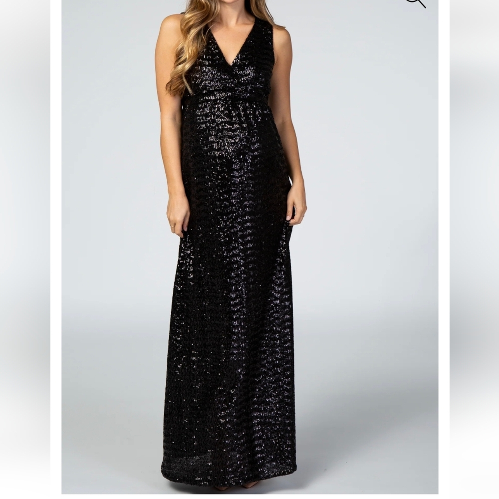 Pinkblush Black Sequin V-neck Sleeveless Maternity Gown - Picture 2 of 5